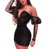 Strapless Glitter V-Cut Contrast Mesh Dress