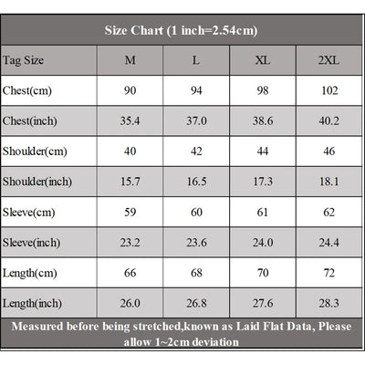 Solid Color Long Sleeve Shirt Size Chart