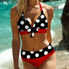 a woman in a polka dot bikini top on the beach