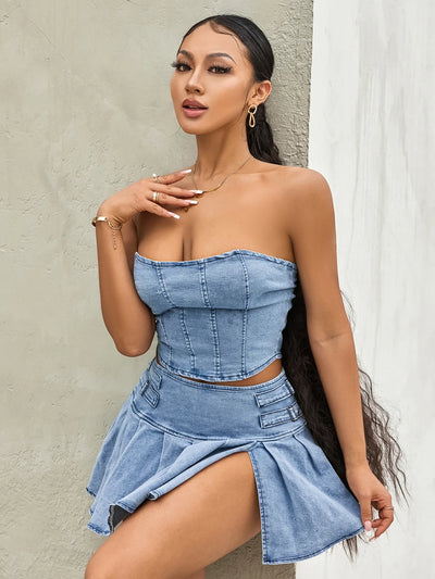 Retro Blue Denim Two-Piece Set