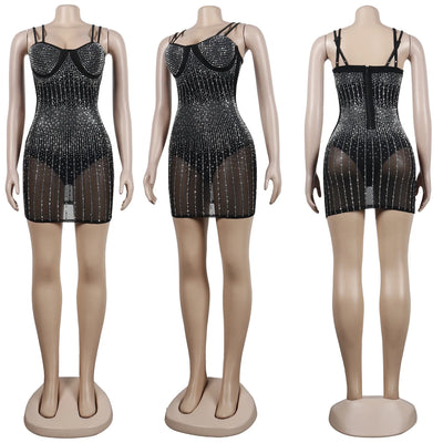 Mesh Rhinestone Mini Dress