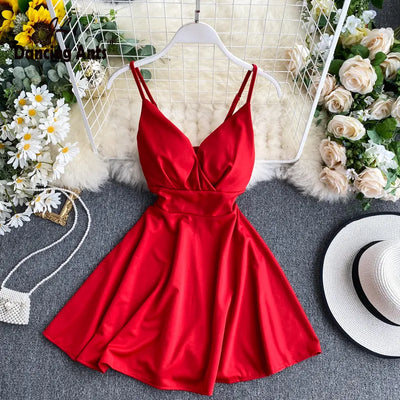 V-Neck Spaghetti Strap Backless Mini Dress