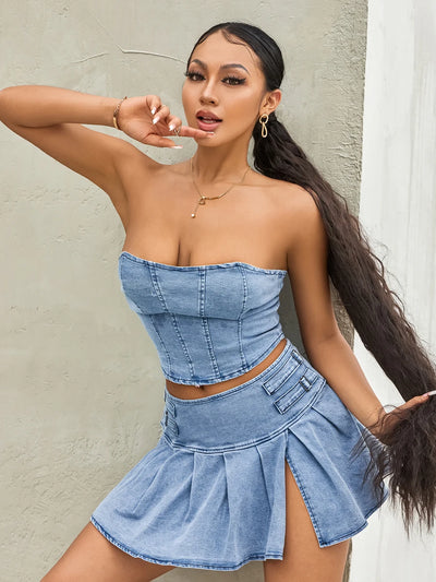 Retro Blue Denim Two-Piece Set