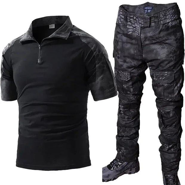 Short Sleeved T-shirt+Multi Pocket Waterproof Cargo Pants Suits